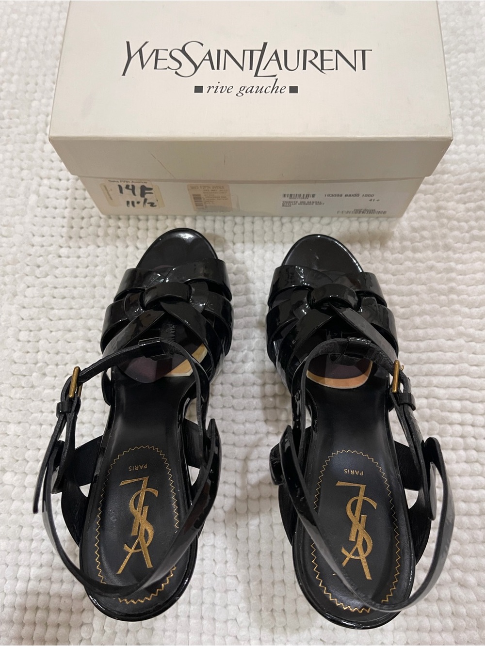 Saint Laurent Black Patent Leather T-Strap Woven Heels with Gold Accents - Picture 2 of 9